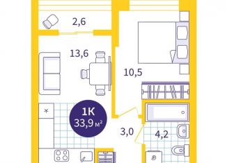 Продаю 1-ком. квартиру, 33.9 м2, Тюмень, ЖК ДОК, Краснооктябрьская улица, 4Ак2