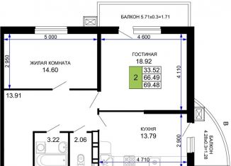 Продам 2-комнатную квартиру, 69.5 м2, Краснодар, Музыкальный микрорайон