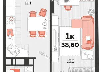 1-ком. квартира на продажу, 38.3 м2, Краснодар, ЖК Абрикосово, улица им. Героя Яцкова И.В., 1/11лит3