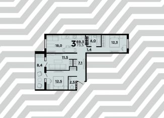 Продажа трехкомнатной квартиры, 73.5 м2, Волгоград, ЖК Парк Европейский, улица 64-й Армии, 139