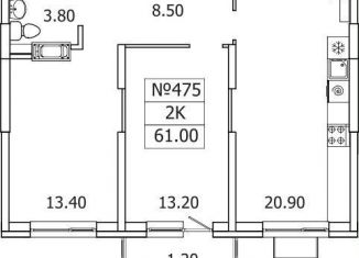 Продаю 2-комнатную квартиру, 61 м2, деревня Сапроново, ЖК Видный Берег 2