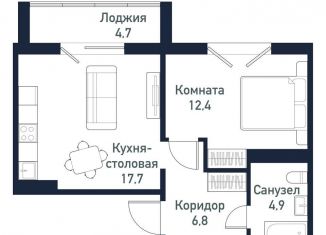 Однокомнатная квартира на продажу, 41.8 м2, посёлок Западный