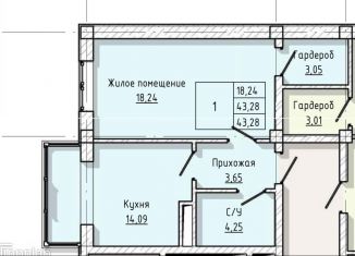 1-комнатная квартира на продажу, 43.4 м2, Нальчик, улица А.А. Кадырова, 2, ЖК Молодёжный