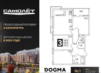 Трехкомнатная квартира на продажу, 72.8 м2, Краснодар, Прикубанский округ