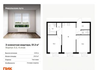 Продам двухкомнатную квартиру, 51.2 м2, Москва, станция Щербинка