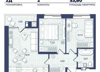 Двухкомнатная квартира на продажу, 53.8 м2, Астрахань, Автомобильная улица, 4, Советский район