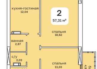 Двухкомнатная квартира на продажу, 57.3 м2, Пермь, Пушкарская улица, 142А