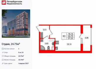 Продается квартира студия, 24.8 м2, деревня Новосаратовка