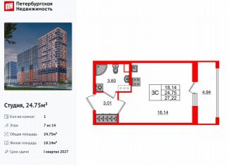 Продам квартиру студию, 24.8 м2, деревня Новосаратовка