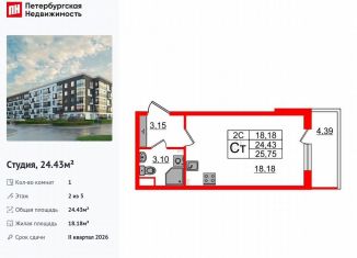 Квартира на продажу студия, 24.4 м2, Санкт-Петербург, Московский район