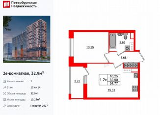 Продам однокомнатную квартиру, 32.9 м2, деревня Новосаратовка