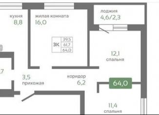 2-комнатная квартира на продажу, 64 м2, Красноярск, Норильская улица, с2, Октябрьский район