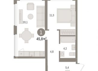Продажа 1-ком. квартиры, 45.8 м2, Тюмень, ЖК Речной Порт