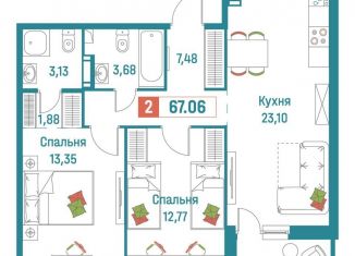 Продам 2-ком. квартиру, 67.1 м2, Мурино