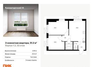 Двухкомнатная квартира на продажу, 51.2 м2, Москва, ЖК Кронштадтский 14