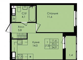 Продается 1-ком. квартира, 34.9 м2, Коммунар