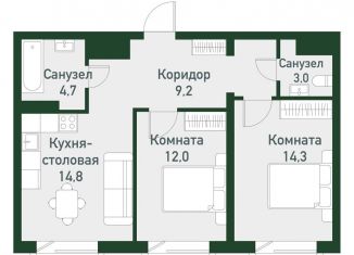 Продаю двухкомнатную квартиру, 59.4 м2, Челябинская область