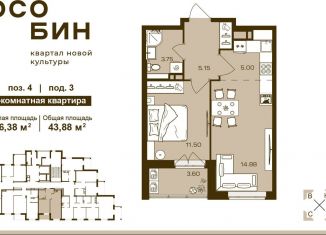 Двухкомнатная квартира на продажу, 43.9 м2, Брянская область
