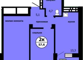 Продаю 2-комнатную квартиру, 57.6 м2, Красноярск