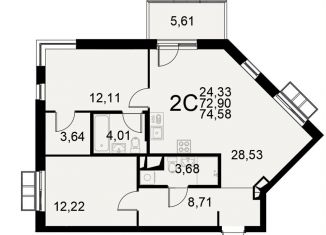 Продаю двухкомнатную квартиру, 74.6 м2, Тульская область, Хлебная площадь