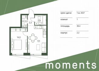 Продам 1-ком. квартиру, 39.4 м2, Москва, жилой комплекс Моментс, к2.2, метро Войковская