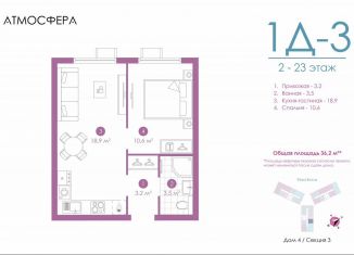 Продажа однокомнатной квартиры, 36.3 м2, Астрахань, улица Бехтерева, 12/4, ЖК Атмосфера