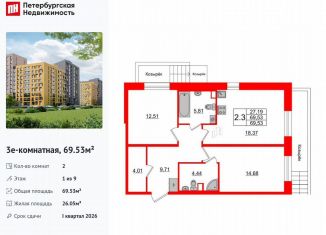 Продажа 2-ком. квартиры, 69.5 м2, Санкт-Петербург, метро Озерки