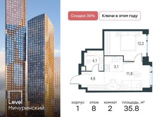 Продаю 2-комнатную квартиру, 35.8 м2, Москва, жилой комплекс Левел Мичуринский, к1