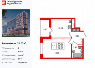 Продаю однокомнатную квартиру, 31.1 м2, деревня Новосаратовка