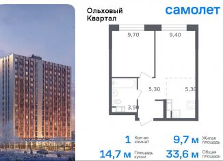 Продается однокомнатная квартира, 33.6 м2, посёлок Газопровод, жилой комплекс Ольховый Квартал, к2.2