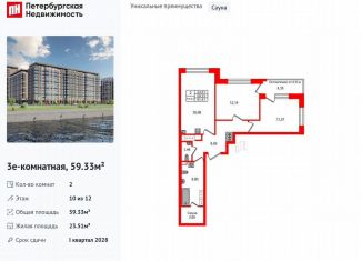 Продам двухкомнатную квартиру, 59.3 м2, Санкт-Петербург, метро Улица Дыбенко