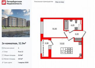 Продажа 1-комнатной квартиры, 32.9 м2, Санкт-Петербург, муниципальный округ Невский