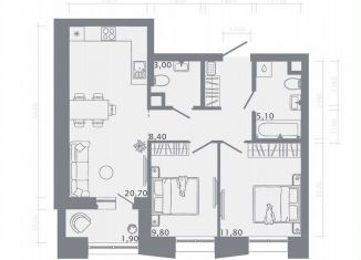 Продается 2-комнатная квартира, 60.7 м2, Казань