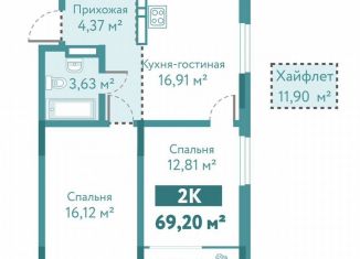 Продаю двухкомнатную квартиру, 69.2 м2, Тюмень, улица Павла Никольского, 10к1блок2, ЖК Акватория