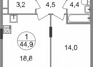 Продам 1-ком. квартиру, 44.9 м2, Московская область