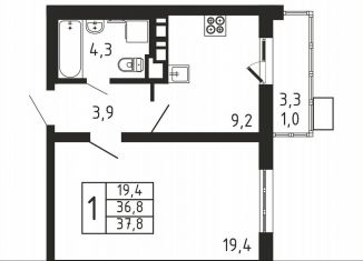 Продам 1-комнатную квартиру, 37.8 м2, деревня Пирогово