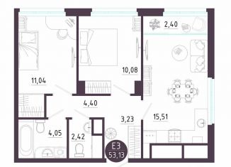 Продается 2-ком. квартира, 53.1 м2, Рязань