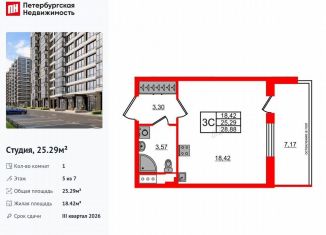 Квартира на продажу студия, 25.3 м2, Санкт-Петербург, муниципальный округ Новоизмайловское