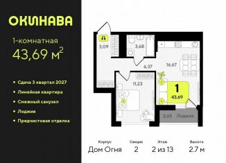 Продам 1-комнатную квартиру, 43.7 м2, Тюменская область