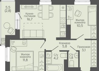 Продаю 2-ком. квартиру, 56.7 м2, Волгоград, Трёхгорная улица, 27