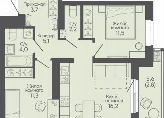 2-комнатная квартира на продажу, 56.8 м2, Волгоград, Трёхгорная улица, 27