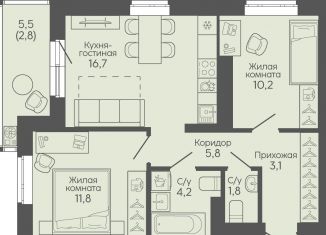 2-ком. квартира на продажу, 56.4 м2, Волгоград, Трёхгорная улица, 27