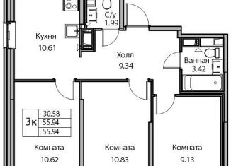 Продаю трехкомнатную квартиру, 55.9 м2, Санкт-Петербург, Ивинская улица, 19к3, метро Беговая