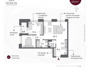 Продажа трехкомнатной квартиры, 68.6 м2, Новосибирск, Красный проспект, 220стр, ЖК Нобель