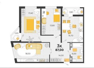 Трехкомнатная квартира на продажу, 87 м2, Краснодар, ЖК Сказка Град