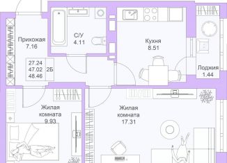 2-комнатная квартира на продажу, 48.5 м2, Казань, Советский район