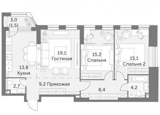 3-комнатная квартира на продажу, 89.2 м2, Москва, ЖК Архитектор