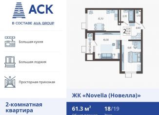 Двухкомнатная квартира на продажу, 61.3 м2, Краснодар, ЖК Новелла, улица Ветеранов, 40лит2