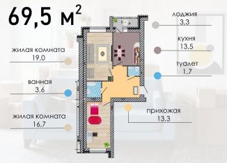 Продается двухкомнатная квартира, 69.5 м2, Воронежская область