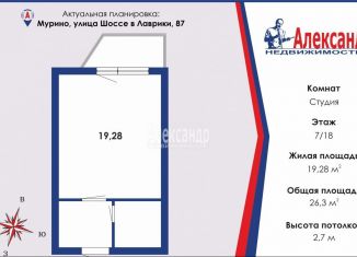 Продам квартиру студию, 26 м2, Ленинградская область, улица Шоссе в Лаврики, 87